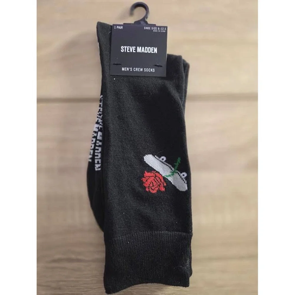 Steve Madden Mens Crew Socks Black Skateboard Rose‎ Graphic MSM43715 Size 10-13